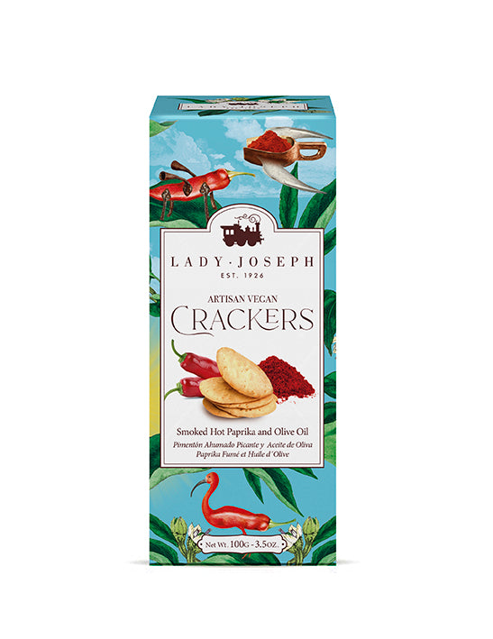 Crackers veganos artesanos con pimentón ahumado picante y aceite de oliva.