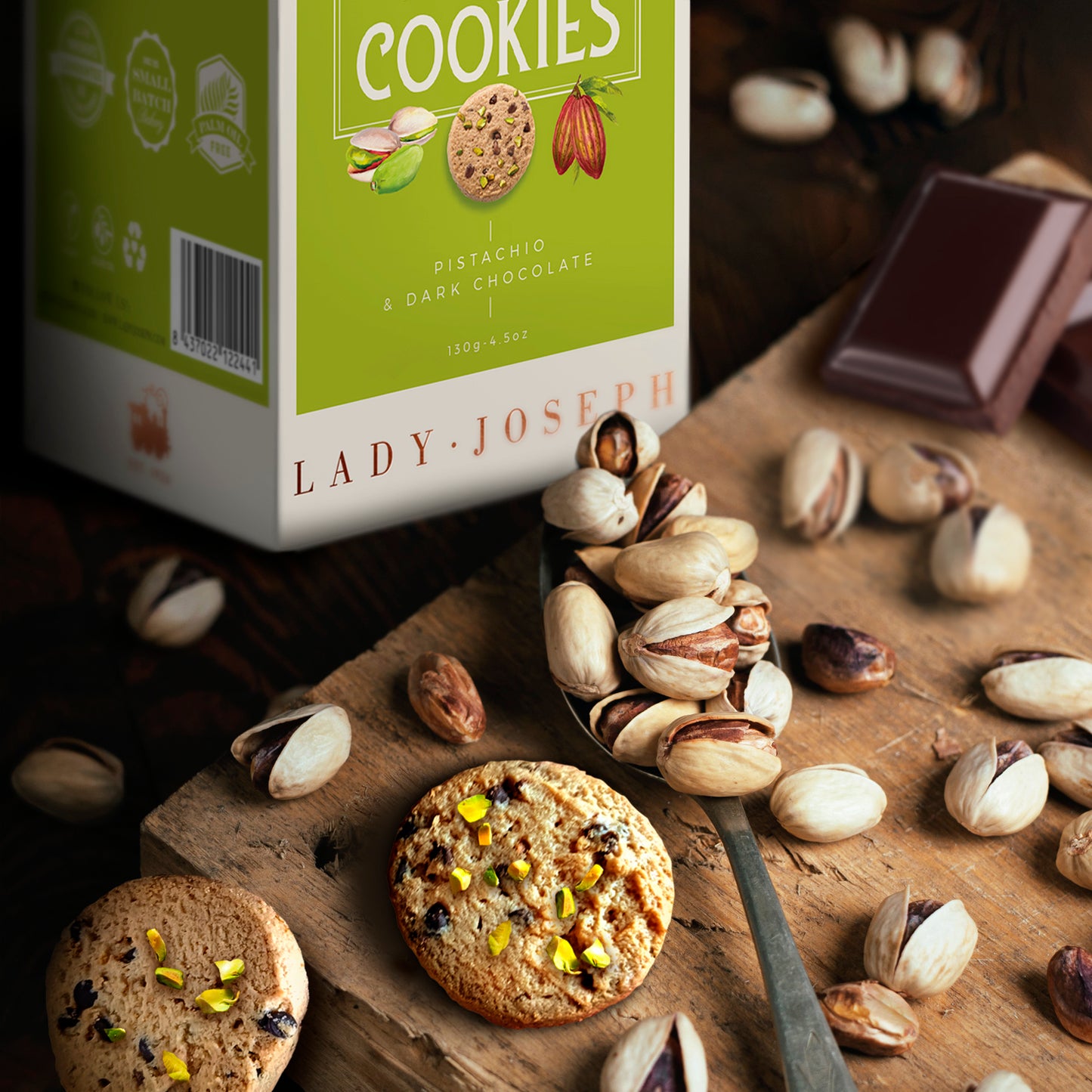 Cookies de chocolate negro y pistacho.