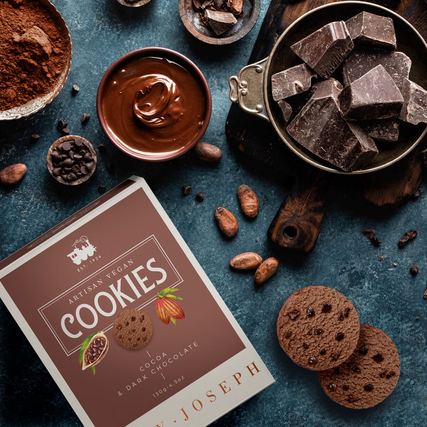 Cocoa and dark chocolate cookies.