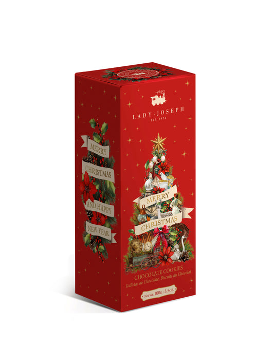 Galletas de chocolate de navidad estuche rojo con motivos dorados
