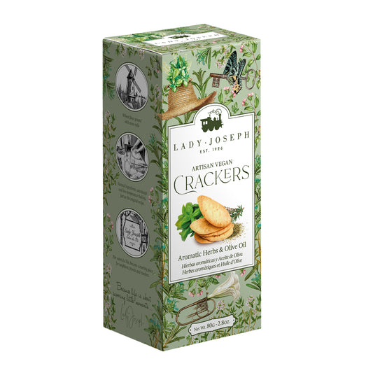 Crackers végétaliens artisanaux à l'huile d'olive et aux herbes aromatiques.